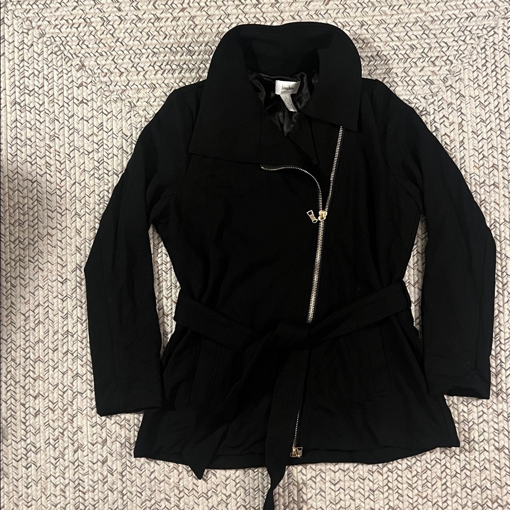 Neiman Marcus Black Trench Coat with Gold Accents and waist tie